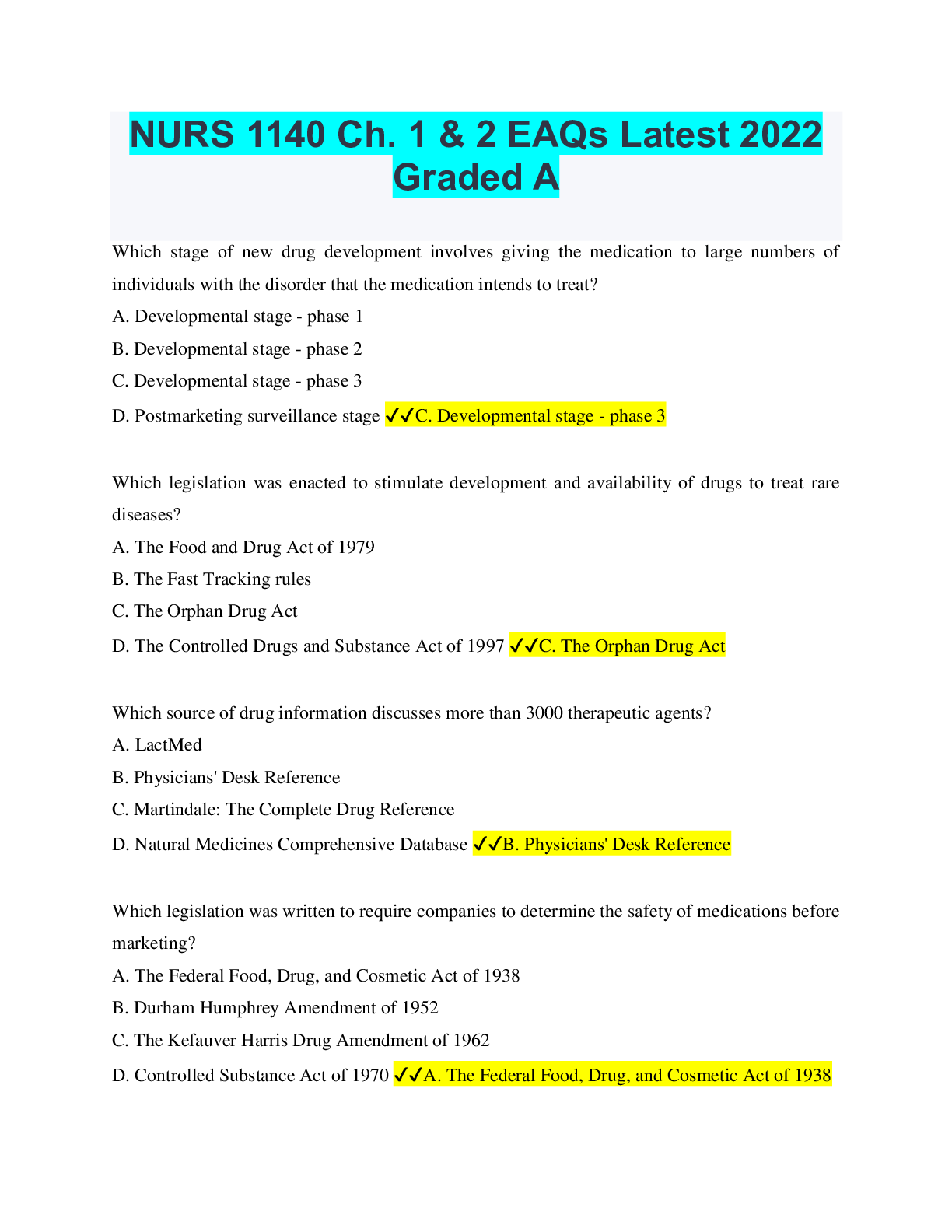 Preview of NURS 1140 Ch. 1 & 2 EAQs Latest 2022 Graded A